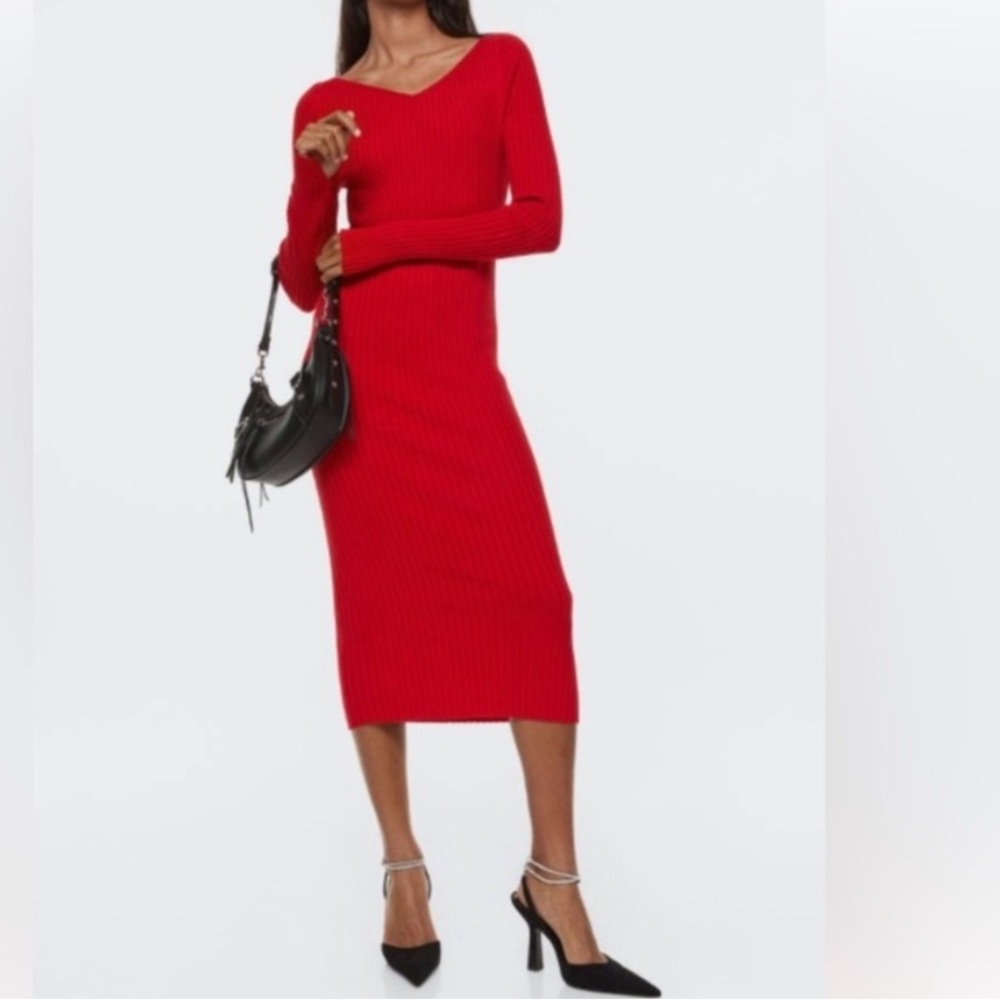 H&M Dress Ribbed Knit Bodycon Elegant Red Off-Shoulder Sheath XS